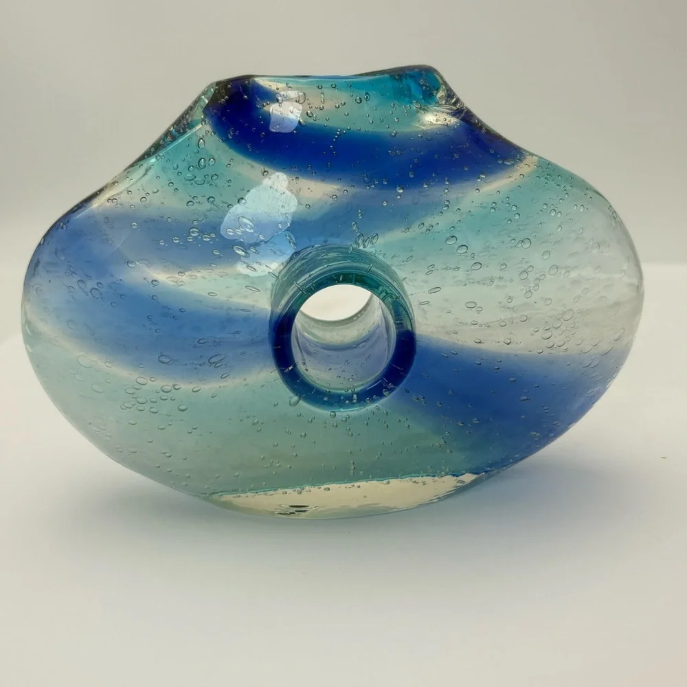 Vintage Blue and Clear Swirl  Glass Donut Vase